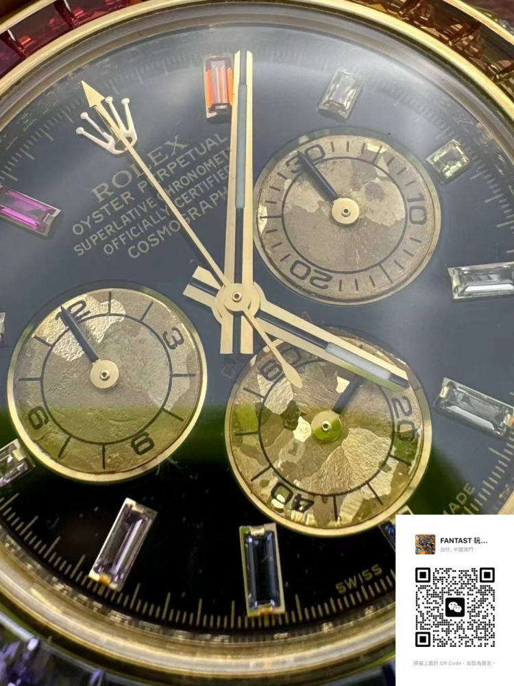 配重彩虹迪通拿，重量220多克，丹东4130机芯，sw代用盘针，独家平面切割彩宝圈口，莫桑钻， deep玻璃。配重工艺提升了很多，打磨，电镀，耐用度都有所提升。