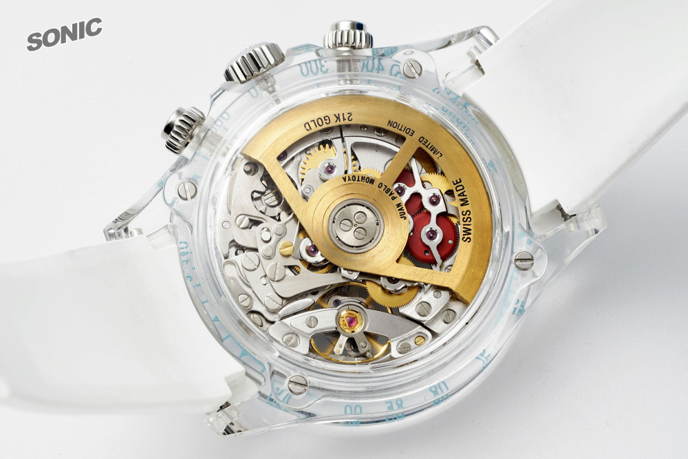 「【高性價比改裝】Sonic勞力士冰藍迪縷空迪通拿｜丹東4130機芯全縷空｜藍寶石水晶玻璃｜進口氟膠表帶」​