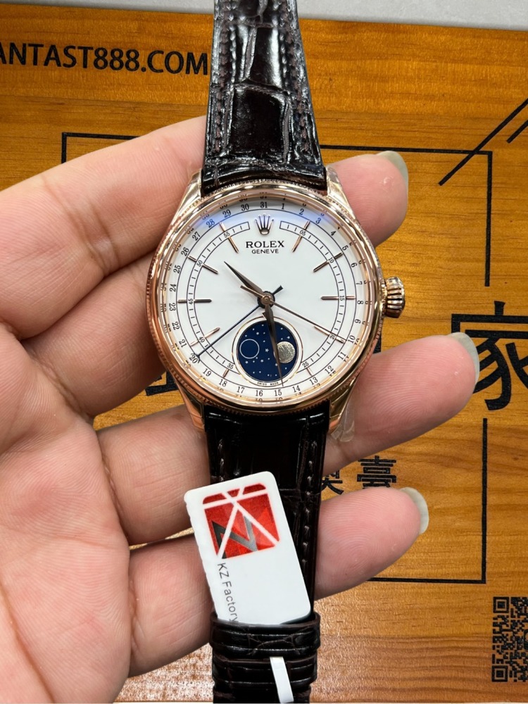 ​KZ廠 勞力士切利尼月相腕表｜天然隕石月相盤｜39mm正裝尺寸｜Cal.3195機芯｜美洲鱷魚皮帶​