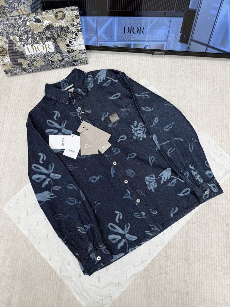 DIOR 口袋字母皮牌花卉燒花牛仔襯衫