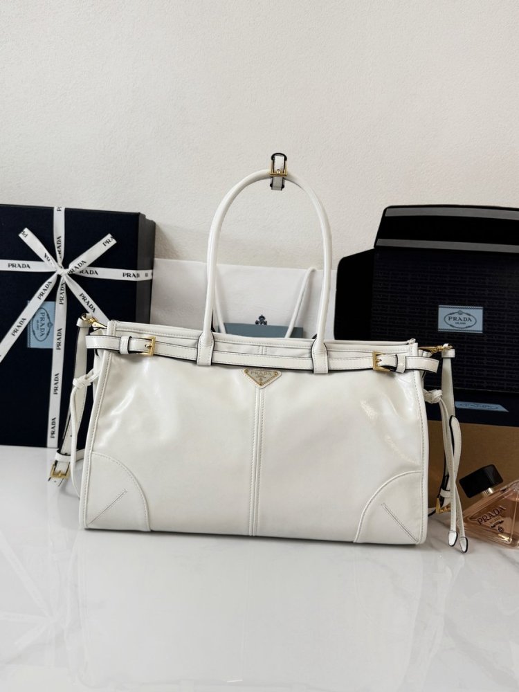 頂級定製 Prada P2430 Soft Lux 油臘皮大號手提斜背包 白色