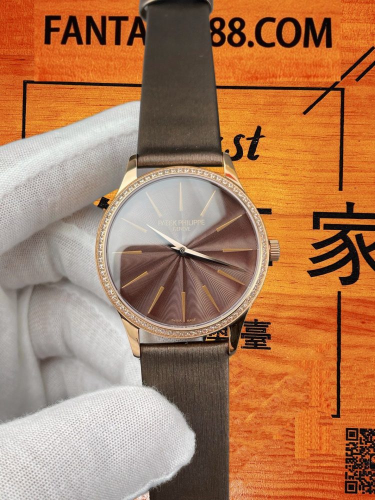 PPF廠 Patek Philippe 百達翡麗 Calatrava 4997 200R-001 玫瑰金鑽圈棕色壓花面盤絲綢帶女款 35.6mm 自動機械腕錶 240超薄機芯