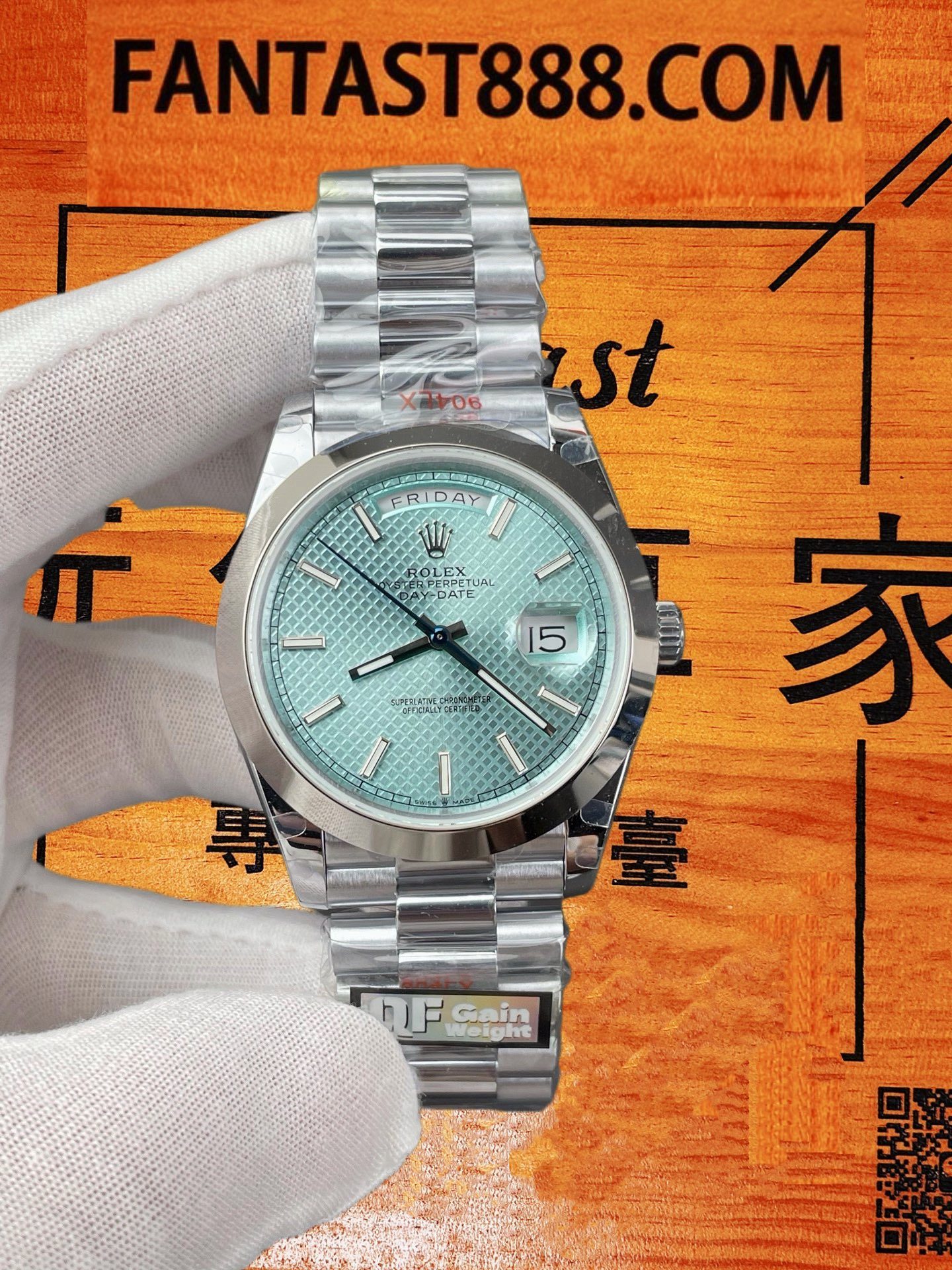 QF廠 Rolex 勞力士 Day-Date 星期日志型 精鋼殼冰藍網格盤鋼帶 40mm 自動機械腕錶 配重179G