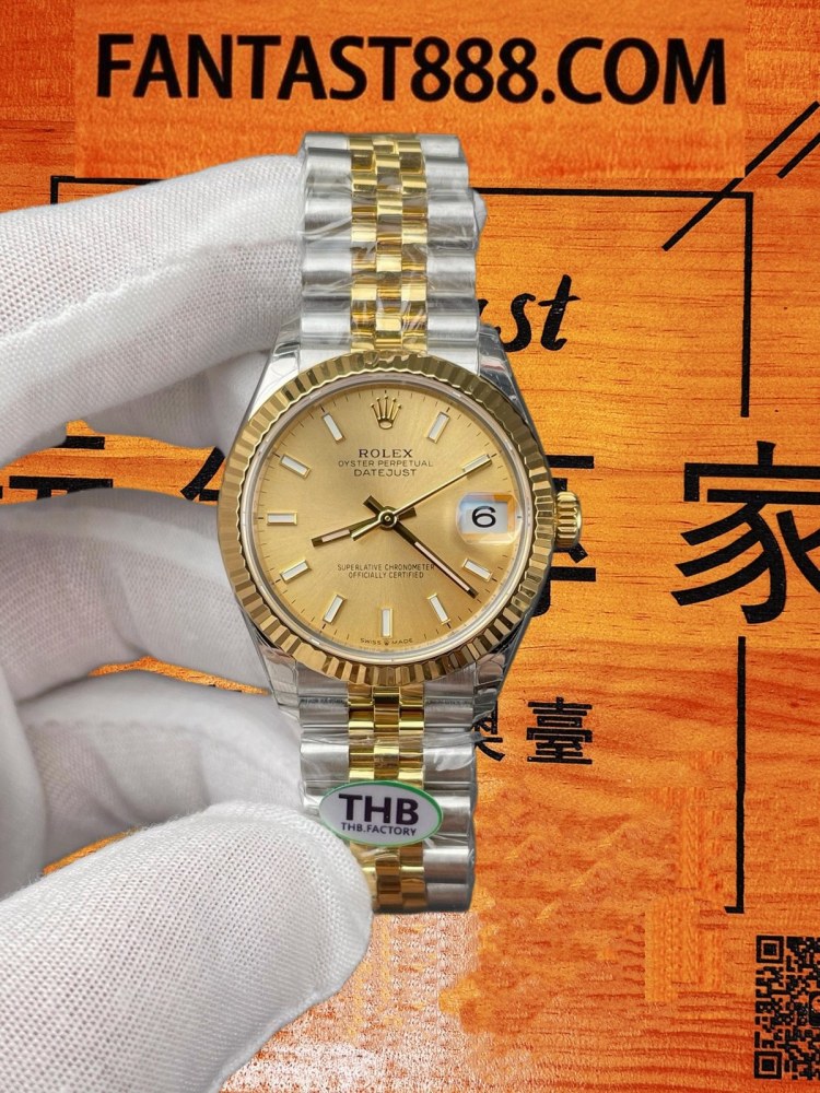 THB廠 勞力士 Datejust 日誌 31mm 黃金 Rolesor 間金 香檳金盤 棒形時標 三角坑紋圈 Cal.2236 復刻腕錶