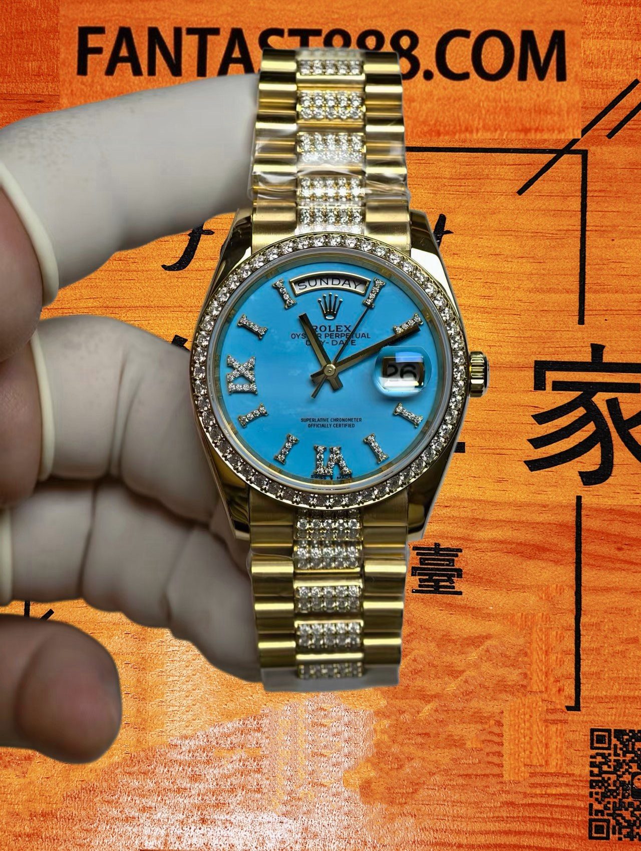 高仿私人改裝 勞力士星期日曆 128348RBR 蒂芙尼藍滿天星復刻腕錶