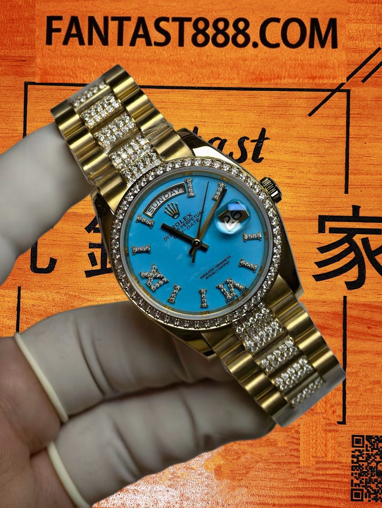 高仿私人改裝-勞力士-星期日曆128348RBR 蒂芙尼藍滿天星 復刻腕錶 實拍 2