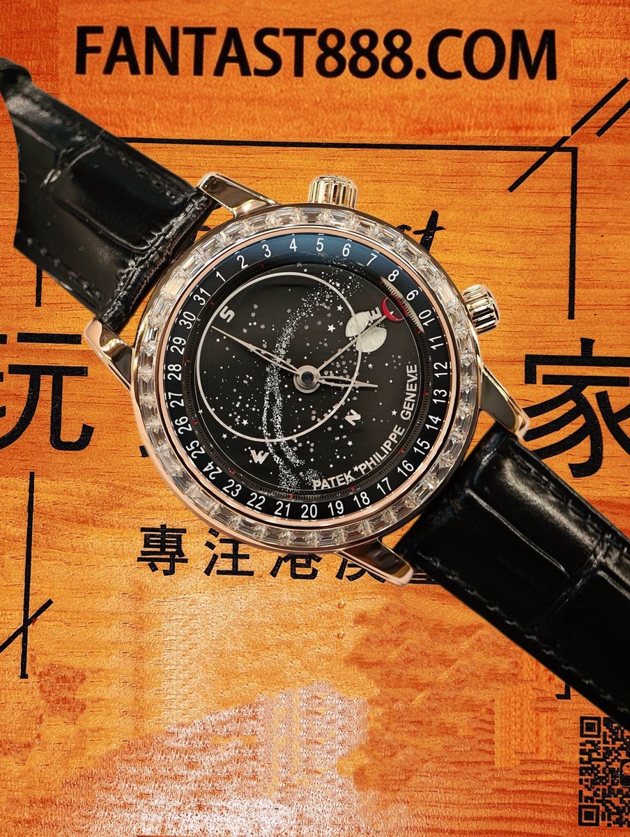 客定改裝 Patek Philippe 百達翡麗 星空 6002G 18K玫瑰金包裹 表圈+表扣鑲嵌T方VVS D級莫桑鑽 黑色鱷魚皮 復刻腕錶 實拍 2