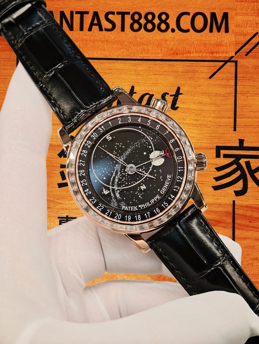客定改裝 Patek Philippe 百達翡麗 星空 6002G 18K玫瑰金包裹 表圈+表扣鑲嵌T方VVS D級莫桑鑽 黑色鱷魚皮 復刻腕錶 實拍 3