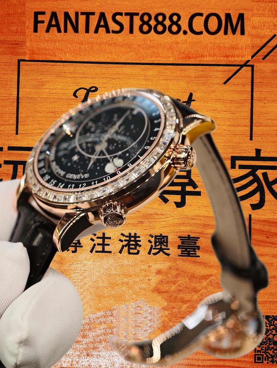 客定改裝 Patek Philippe 百達翡麗 星空 6002G 18K玫瑰金包裹 表圈+表扣鑲嵌T方VVS D級莫桑鑽 黑色鱷魚皮 復刻腕錶 實拍 4