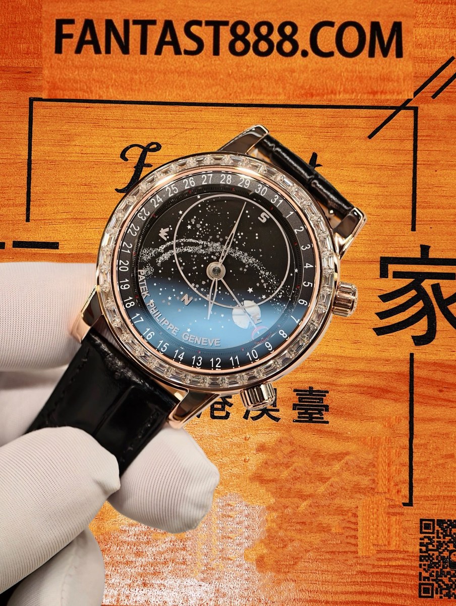 客定改裝 Patek Philippe 百達翡麗 星空 6002G 18K玫瑰金包裹 表圈+表扣鑲嵌T方VVS D級莫桑鑽 黑色鱷魚皮 復刻腕錶 實拍 5
