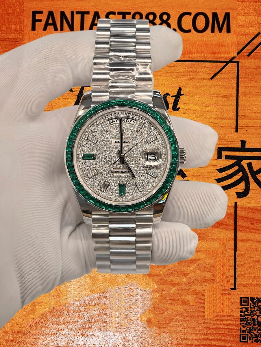 客定改裝 勞力士 Day-Date 36mm 滿鑲雪花鑽 904L鋼 SW培育祖母綠寶石梯方整圈表圈 12點T方鑽刻度 復刻腕錶 實拍 1