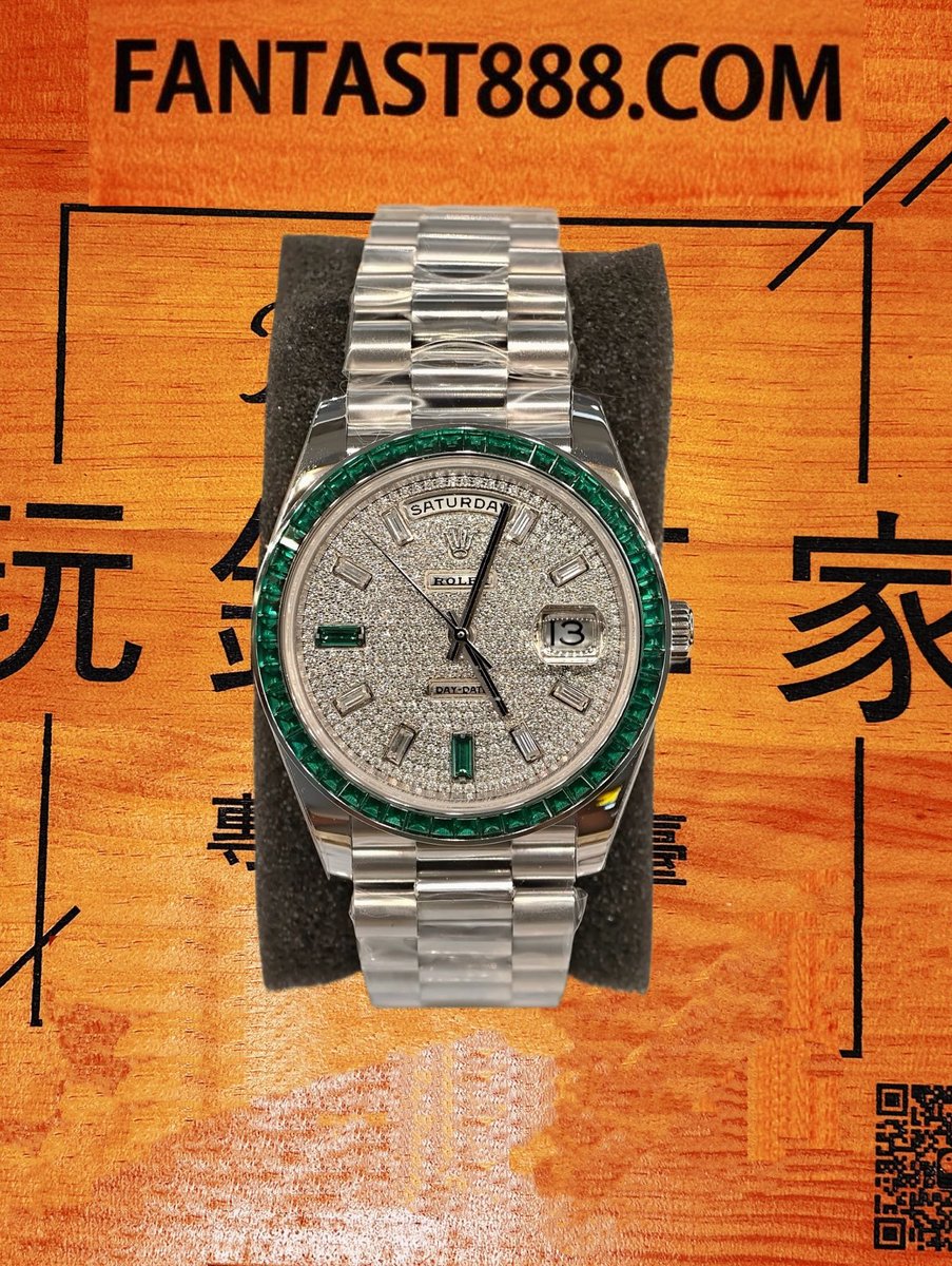 客定改裝 勞力士 Day-Date 36mm 滿鑲雪花鑽 904L鋼 SW培育祖母綠寶石梯方整圈表圈 12點T方鑽刻度 復刻腕錶 實拍 2