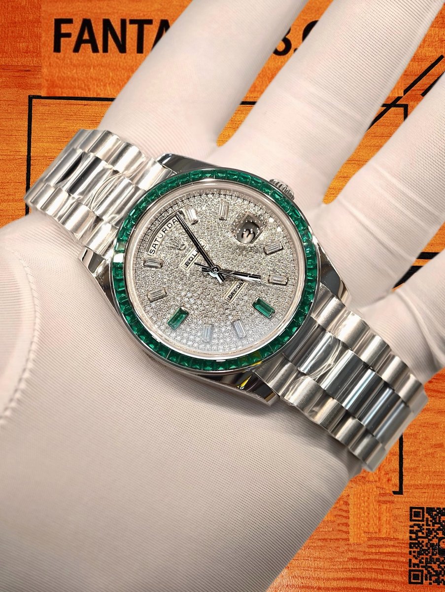 客定改裝 勞力士 Day-Date 36mm 滿鑲雪花鑽 904L鋼 SW培育祖母綠寶石梯方整圈表圈 12點T方鑽刻度 復刻腕錶 實拍 3