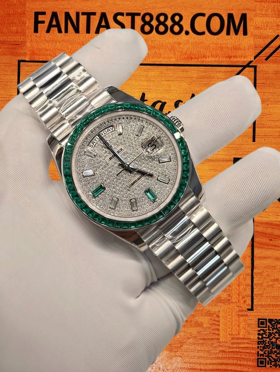 客定改裝 勞力士 Day-Date 36mm 滿鑲雪花鑽 904L鋼 SW培育祖母綠寶石梯方整圈表圈 12點T方鑽刻度 復刻腕錶 實拍 4