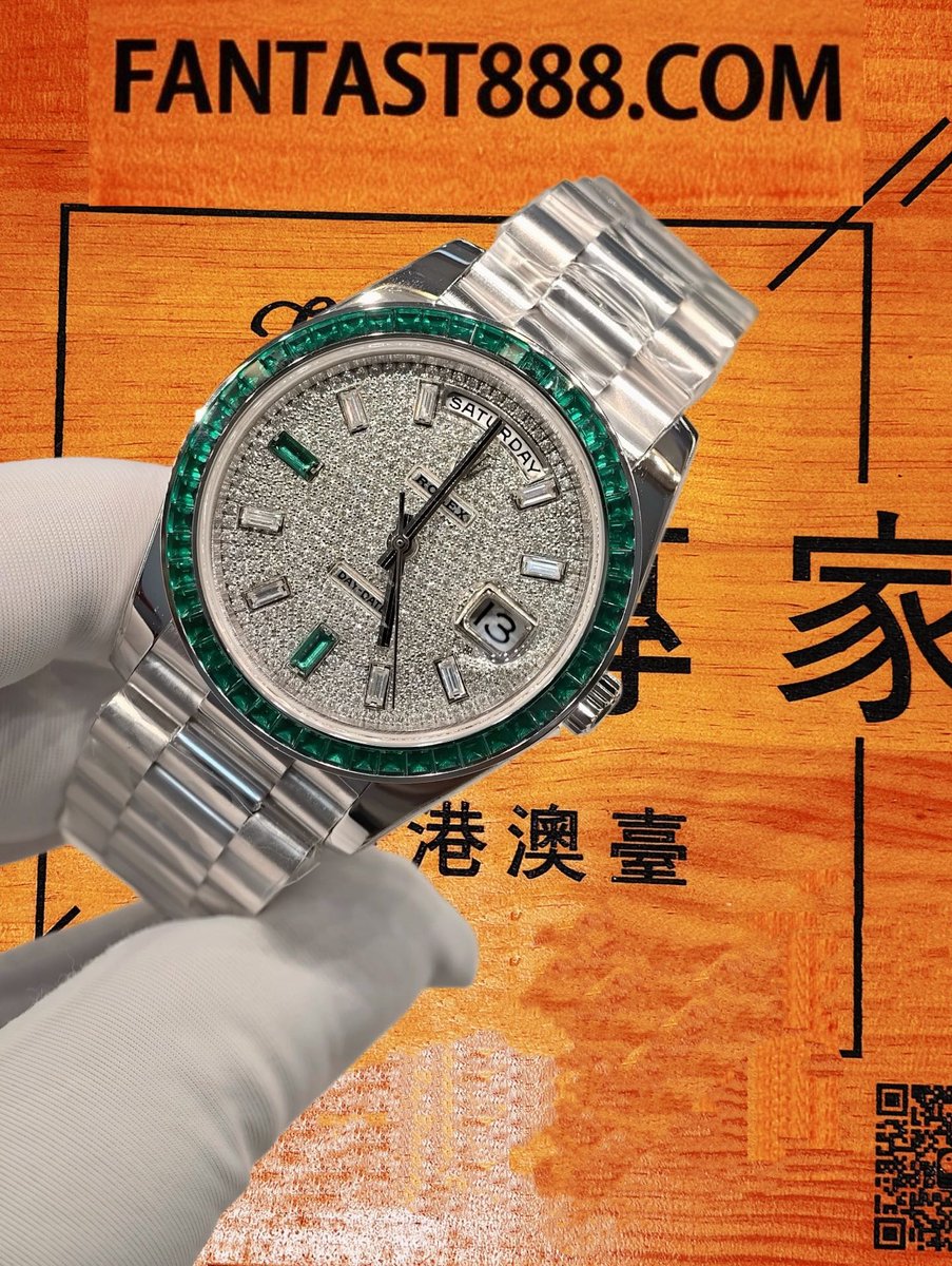 客定改裝 勞力士 Day-Date 36mm 滿鑲雪花鑽 904L鋼 SW培育祖母綠寶石梯方整圈表圈 12點T方鑽刻度 復刻腕錶 實拍 5
