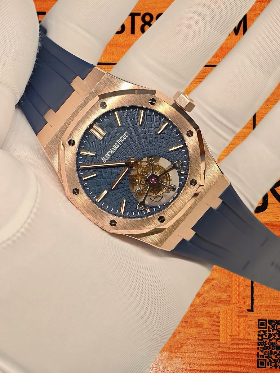 客定改裝 Audemars Piguet 愛彼 Royal Oak 皇家橡樹 陀飛輪 41mm 18K玫瑰金厚金包裹 藍色小格紋盤 藍色橡膠錶帶 復刻腕錶 實拍 2
