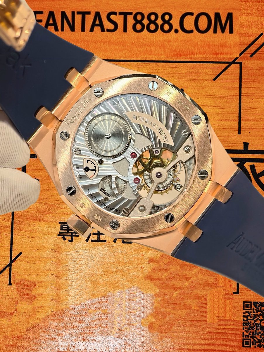 客定改裝 Audemars Piguet 愛彼 Royal Oak 皇家橡樹 陀飛輪 41mm 18K玫瑰金厚金包裹 藍色小格紋盤 藍色橡膠錶帶 復刻腕錶 實拍 6