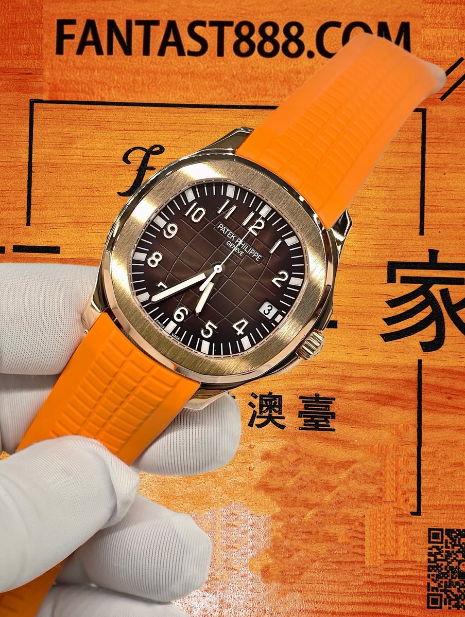 客定改裝 Patek Philippe 百達翡麗 Aquanaut 5168/5650 手雷款 18K玫瑰金厚金包裹 棕面方格 阿拉伯數字時標 橙色橡膠錶帶 復刻腕錶 實拍 4