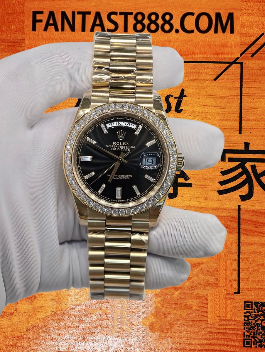 客定改裝 勞力士 Day-Date 40mm 黑冰糖 莫桑代用圈 刻度更換莫桑鑽 三角坑紋外圈 總統鏈帶 18K包厚金 復刻腕錶 實拍 1