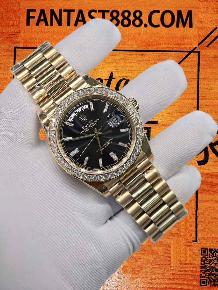 客定改裝 勞力士 Day-Date 40mm 黑冰糖 莫桑代用圈 刻度更換莫桑鑽 三角坑紋外圈 總統鏈帶 18K包厚金 復刻腕錶 實拍 2