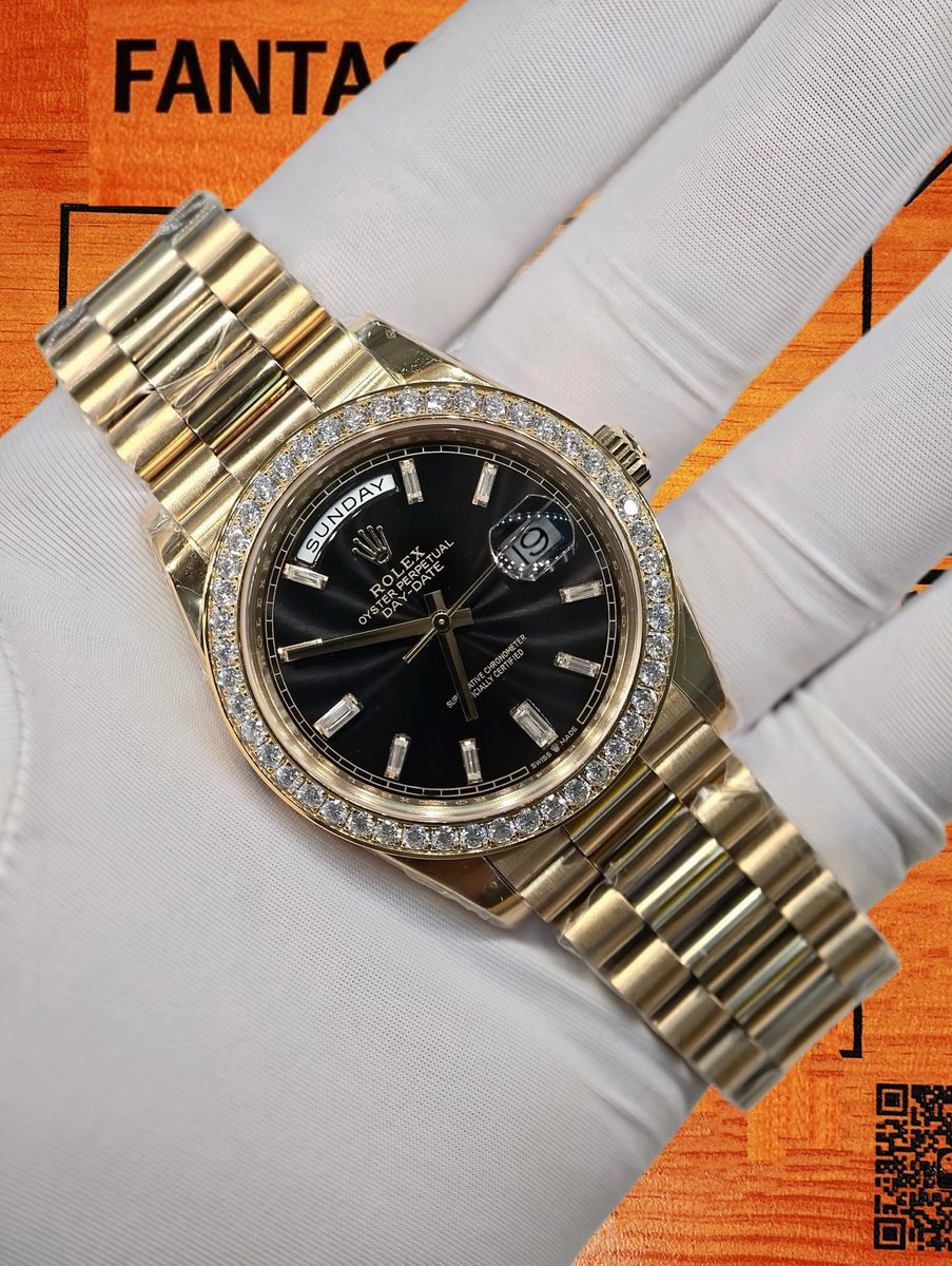 客定改裝 勞力士 Day-Date 40mm 黑冰糖 莫桑代用圈 刻度更換莫桑鑽 三角坑紋外圈 總統鏈帶 18K包厚金 復刻腕錶 實拍 3