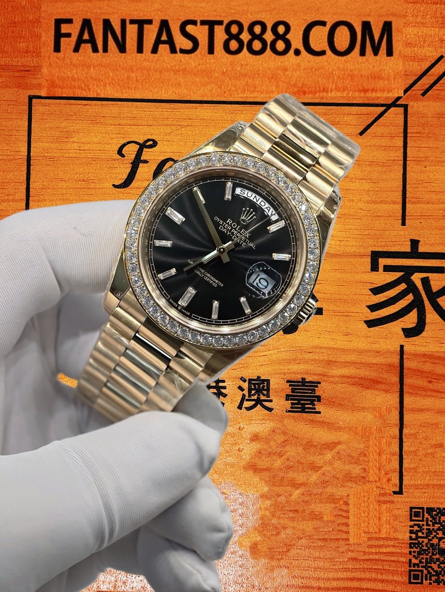 客定改裝 勞力士 Day-Date 40mm 黑冰糖 莫桑代用圈 刻度更換莫桑鑽 三角坑紋外圈 總統鏈帶 18K包厚金 復刻腕錶 實拍 4