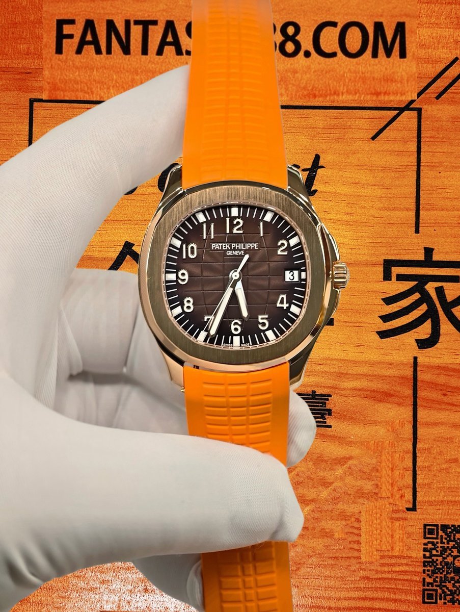 客定改裝 Patek Philippe 百達翡麗 Aquanaut 5168/5650 手雷款 18K玫瑰金厚金包裹 棕面方格 阿拉伯數字時標 橙色橡膠錶帶 復刻腕錶