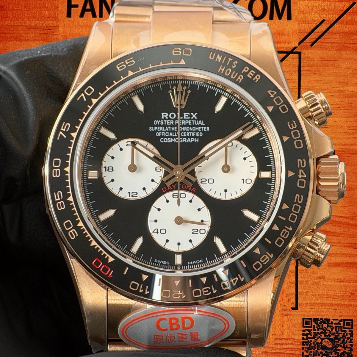 高仿勞力士 CBD廠 配重 Cosmograph Daytona 116505 玫瑰金黑圈 勒芒黑盤 白色monobloc panda計時盤 4132機芯 復刻腕錶
