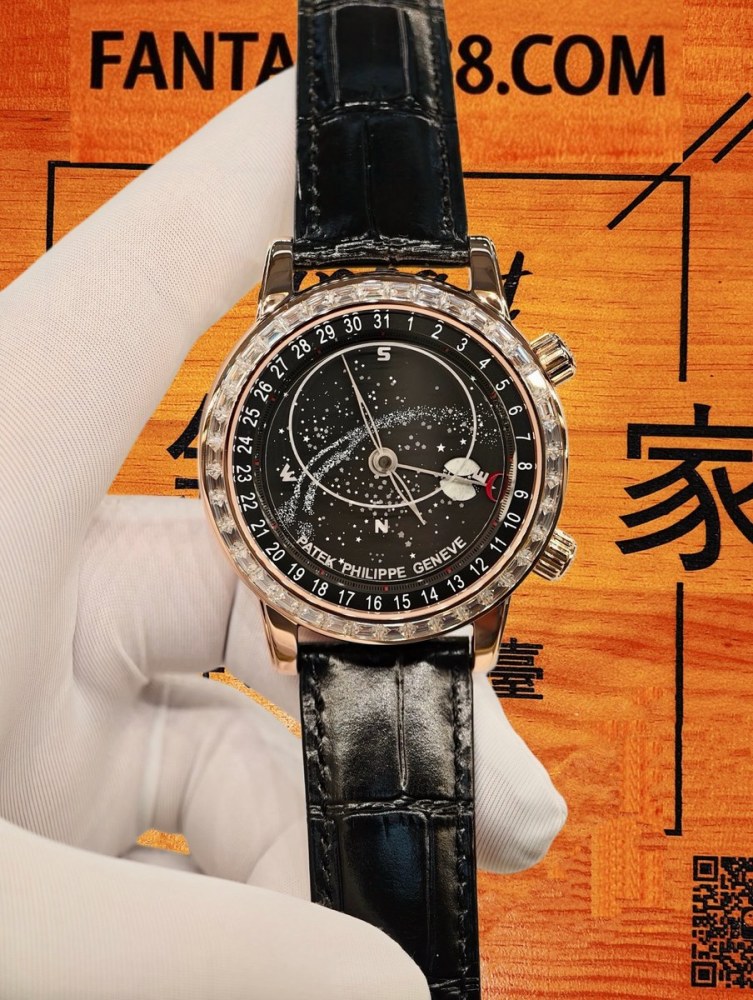 客定改裝 Patek Philippe 百達翡麗 星空 6002G 18K玫瑰金包裹 表圈+表扣鑲嵌T方VVS D級莫桑鑽 黑色鱷魚皮 復刻腕錶