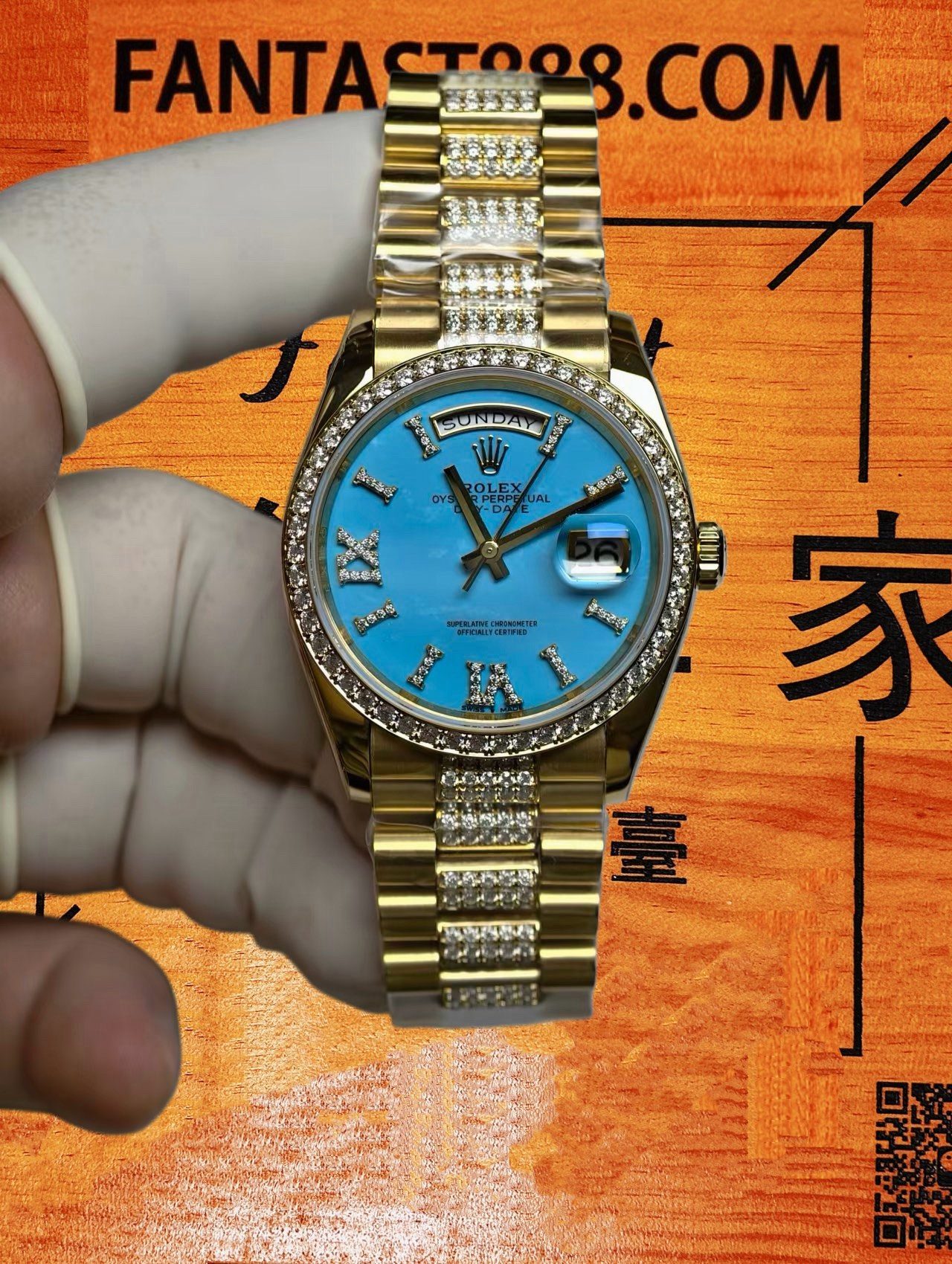 高仿私人改裝-勞力士-星期日曆128348RBR 蒂芙尼藍滿天星 復刻腕錶