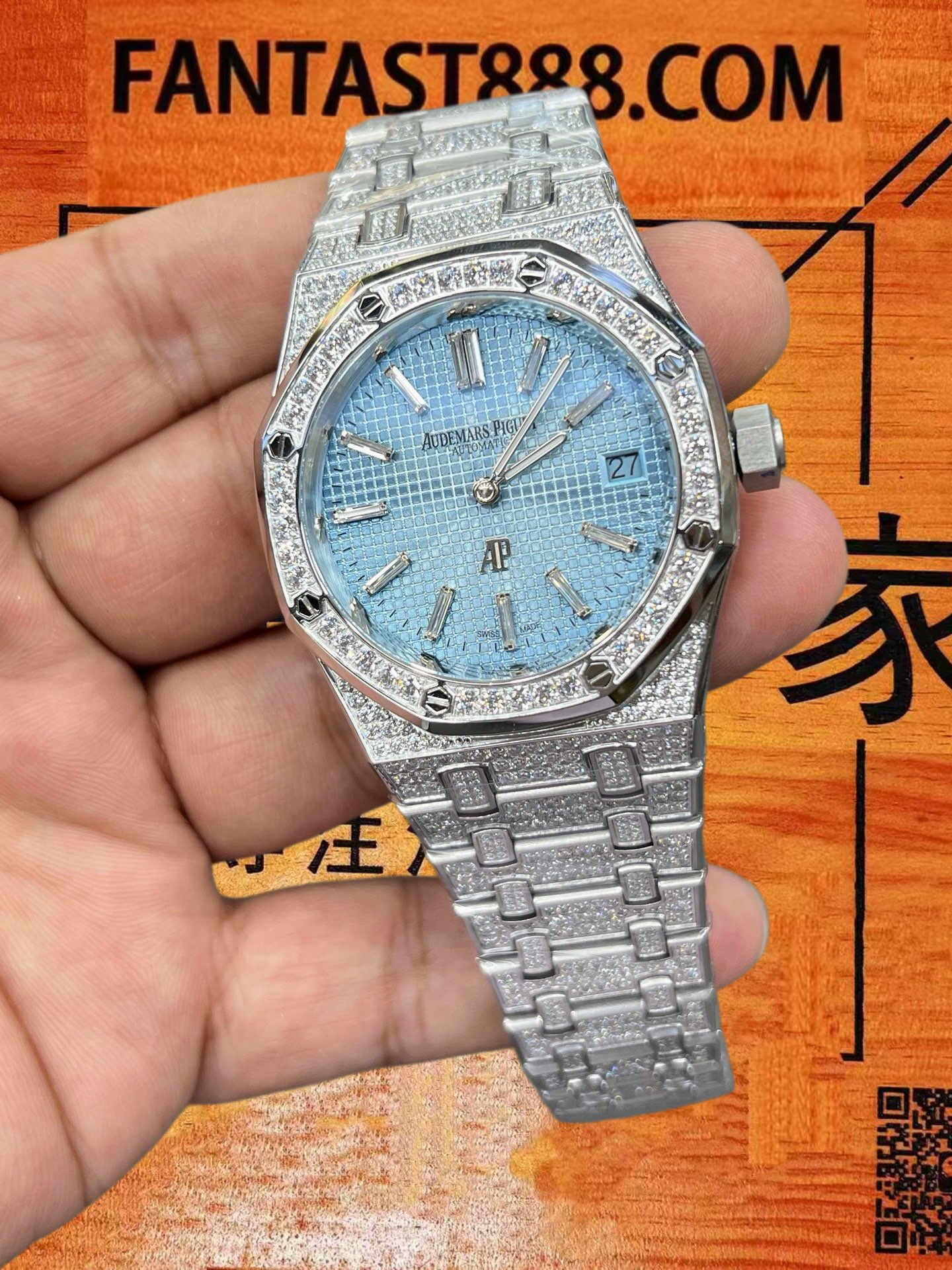 高仿愛彼-皇家橡樹-16202-Jumbo滿鑽藍盤-39mm-超薄兩針 實拍 5