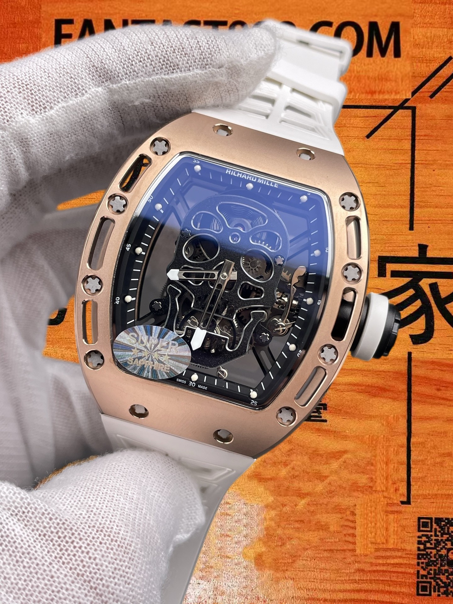 高仿RM052理查德米勒Richard Mille骷髅頭陀飛輪玫金50x43mm手動上鏈陀飛輪機芯/鏤空骷髅頭造型/橡膠帶/正品2013年限量公價200萬美元