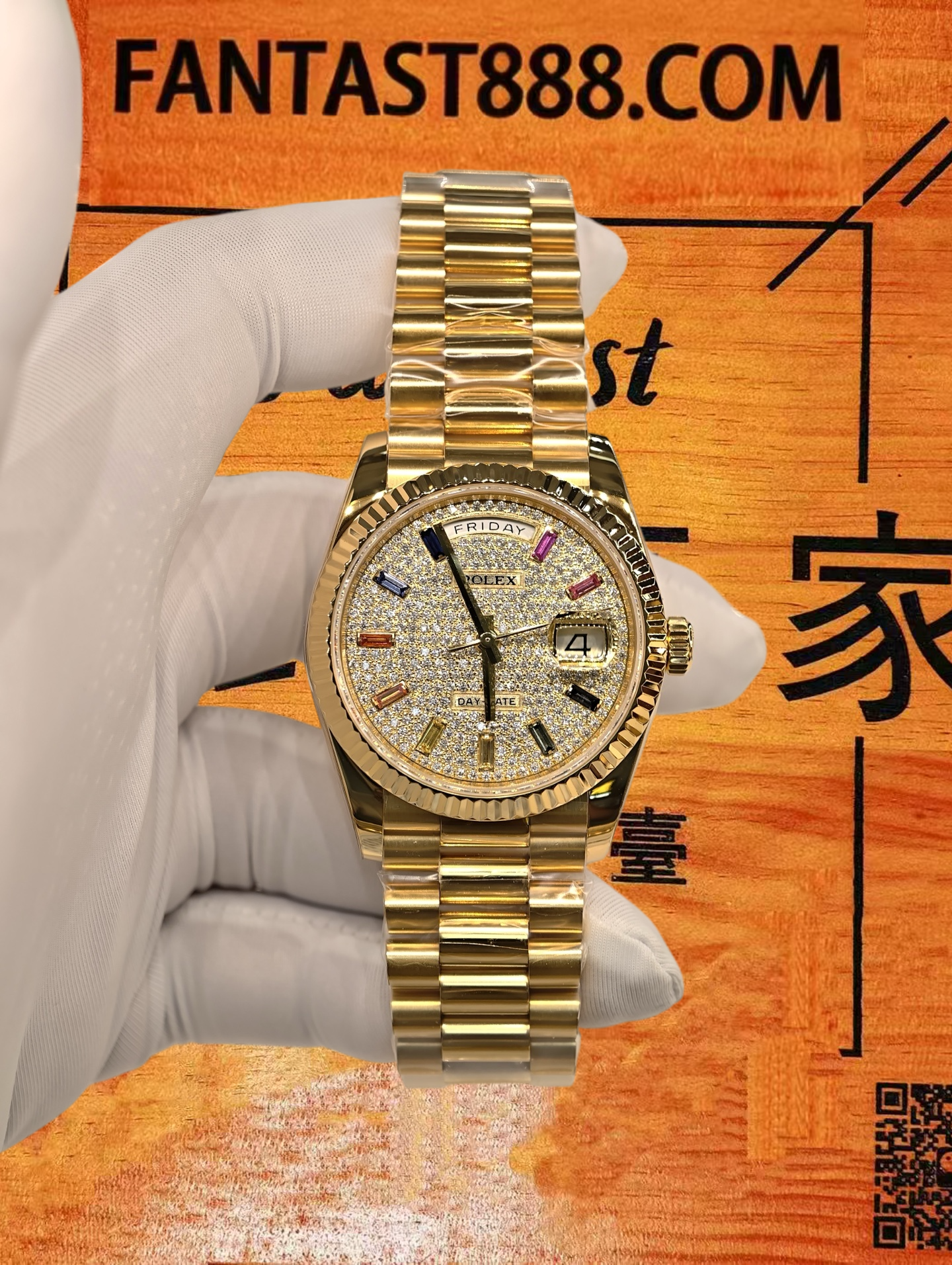 高仿私人改裝-勞力士-星期日曆128238 滿天星彩虹盤 黃金 36mm 復刻腕錶 實拍