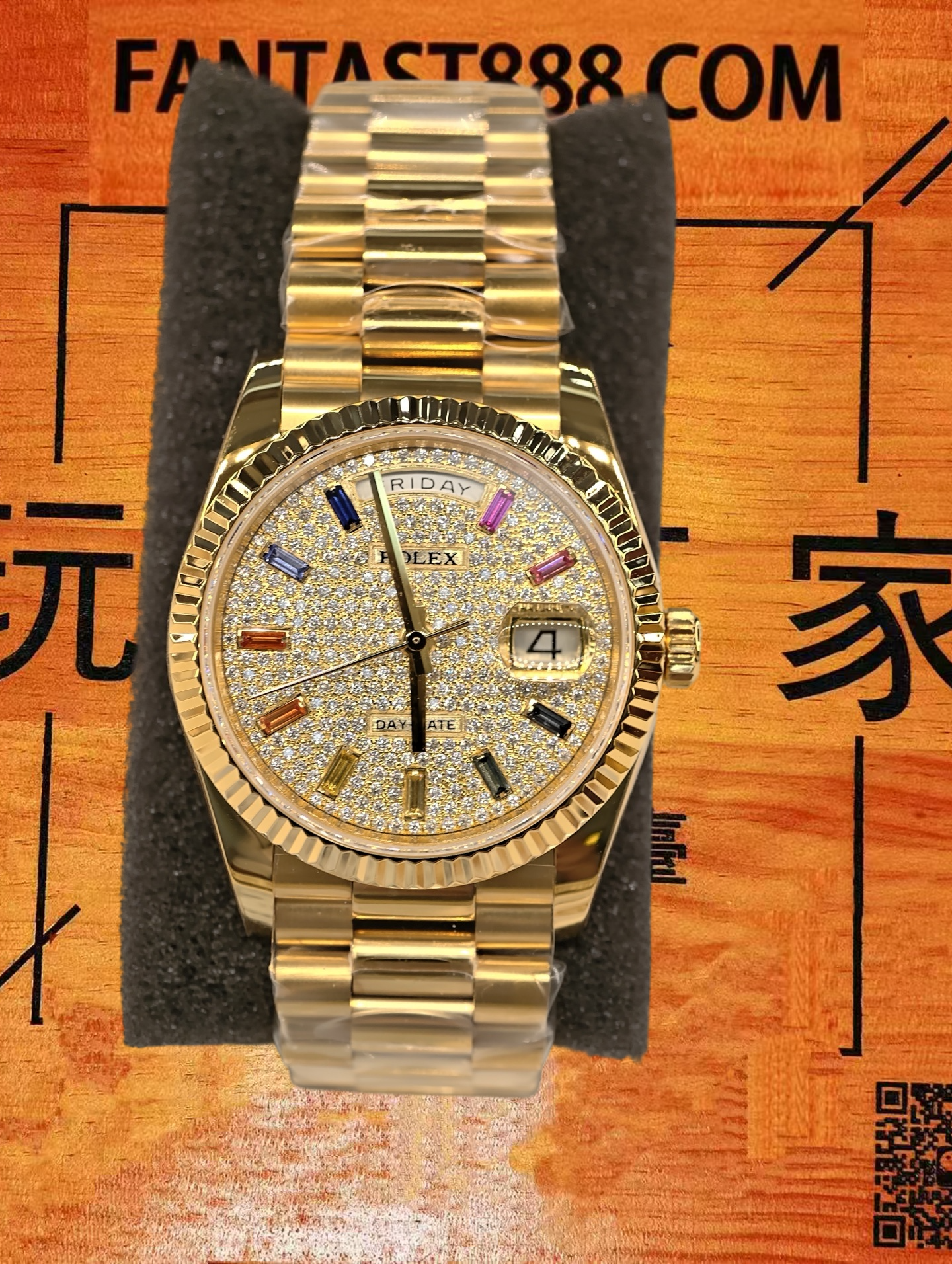 高仿私人改裝-勞力士-星期日曆128238 滿天星彩虹盤 黃金 36mm 復刻腕錶 實拍