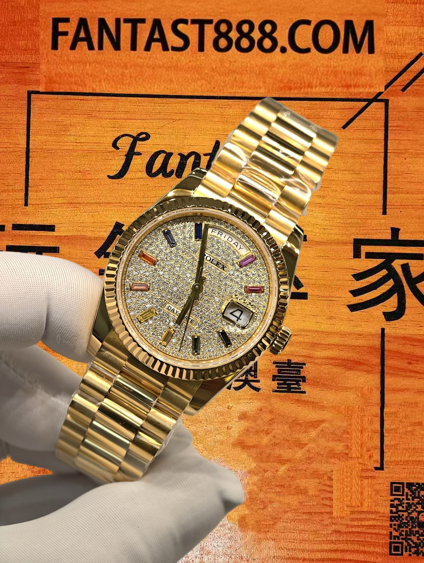 高仿私人改裝-勞力士-星期日曆128238 滿天星彩虹盤 黃金 36mm 復刻腕錶 實拍