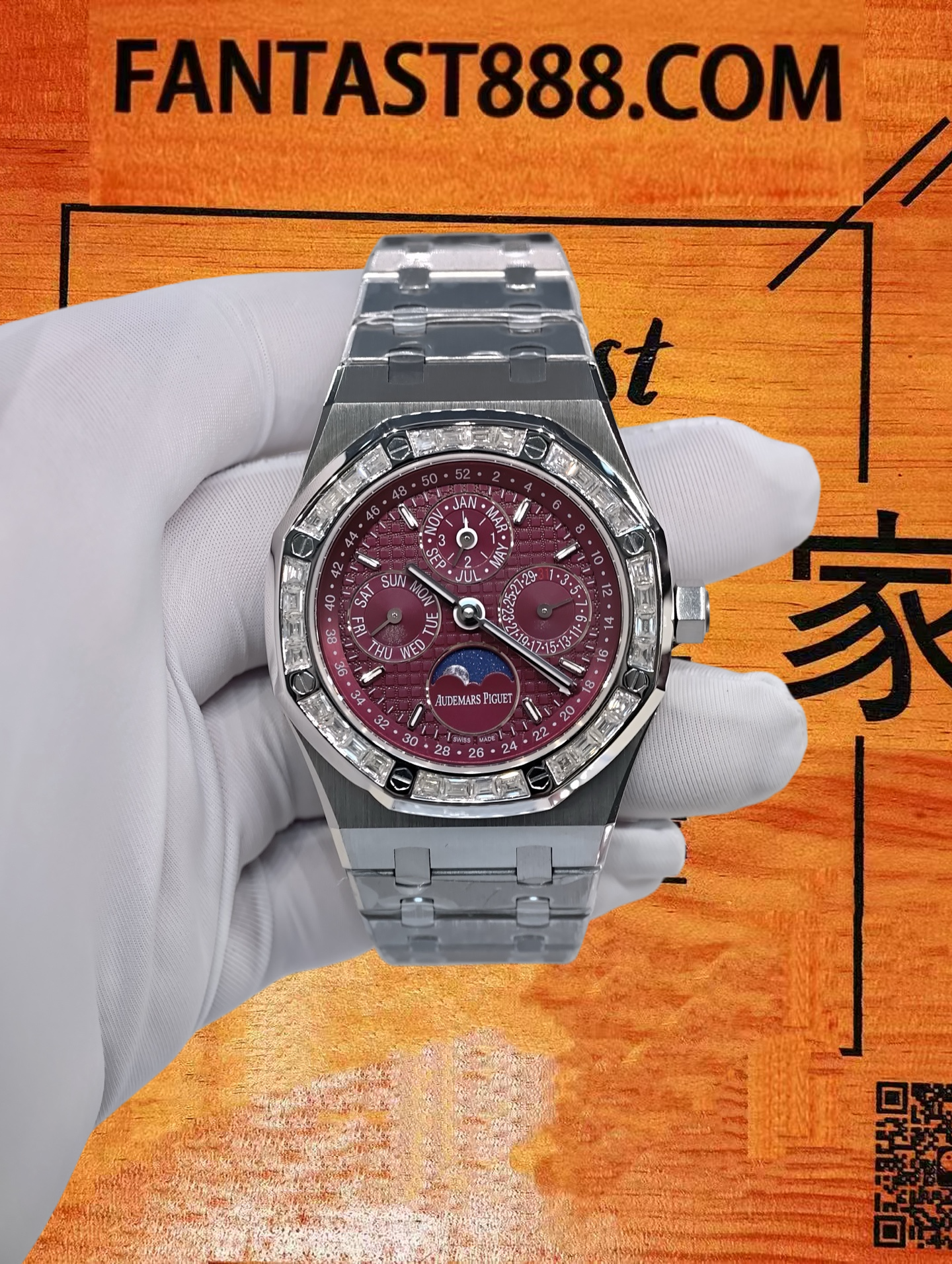 高仿私人改裝-愛彼-皇家橡樹萬年曆月相 大紅盤鑽圈 41mm 復刻腕錶