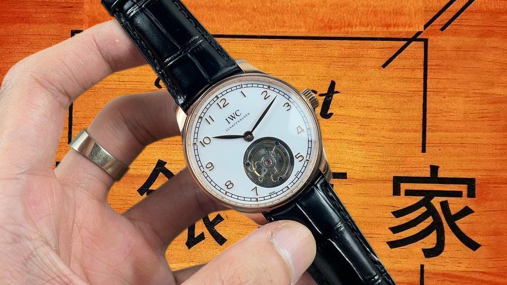 高仿IWC萬國葡萄牙真陀飛輪白盤玫瑰金 41mm