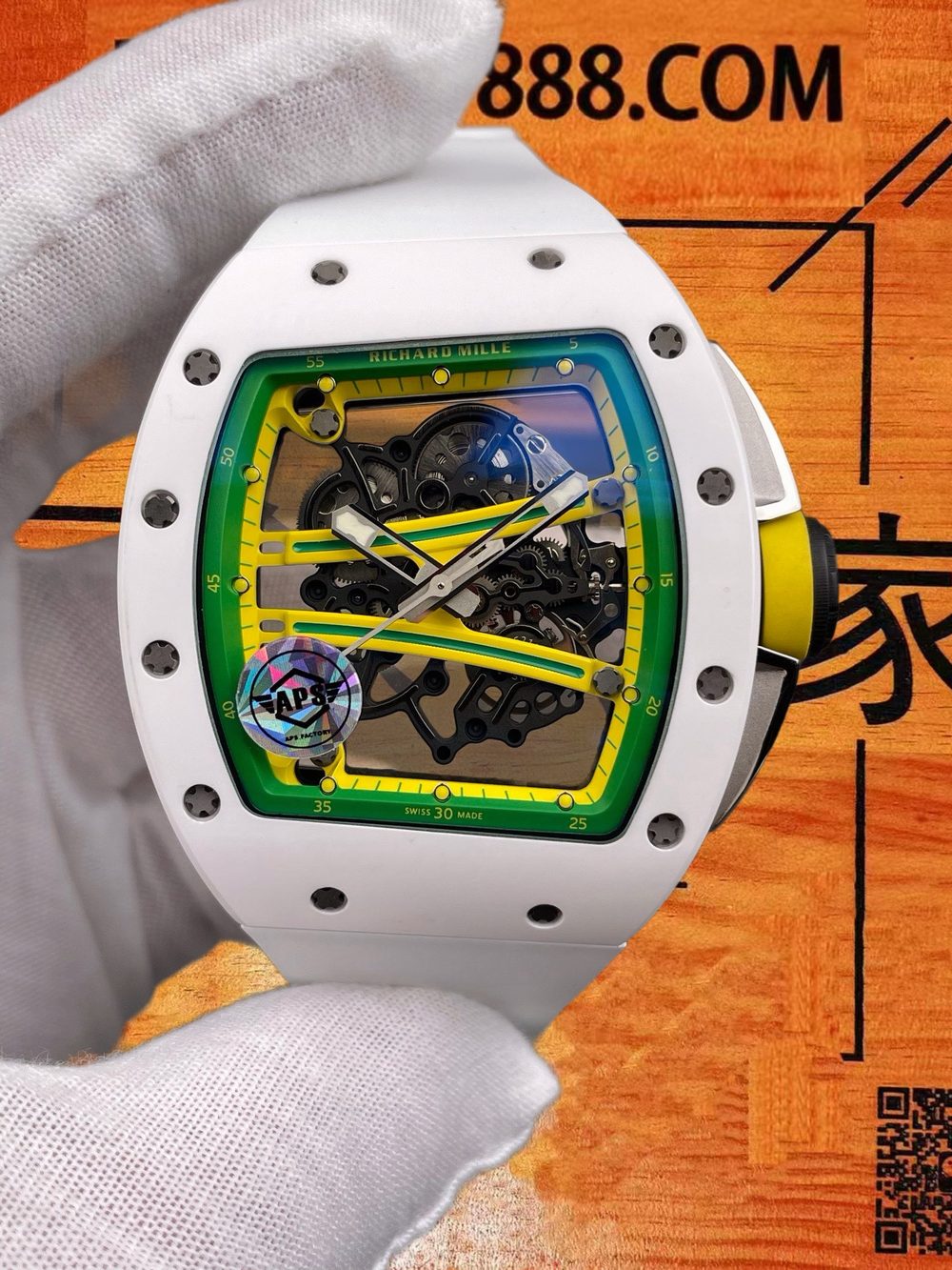 高仿APS廠理查德米勒RM61-01白陶瓷綠跑道鏤空自動 51x42mm