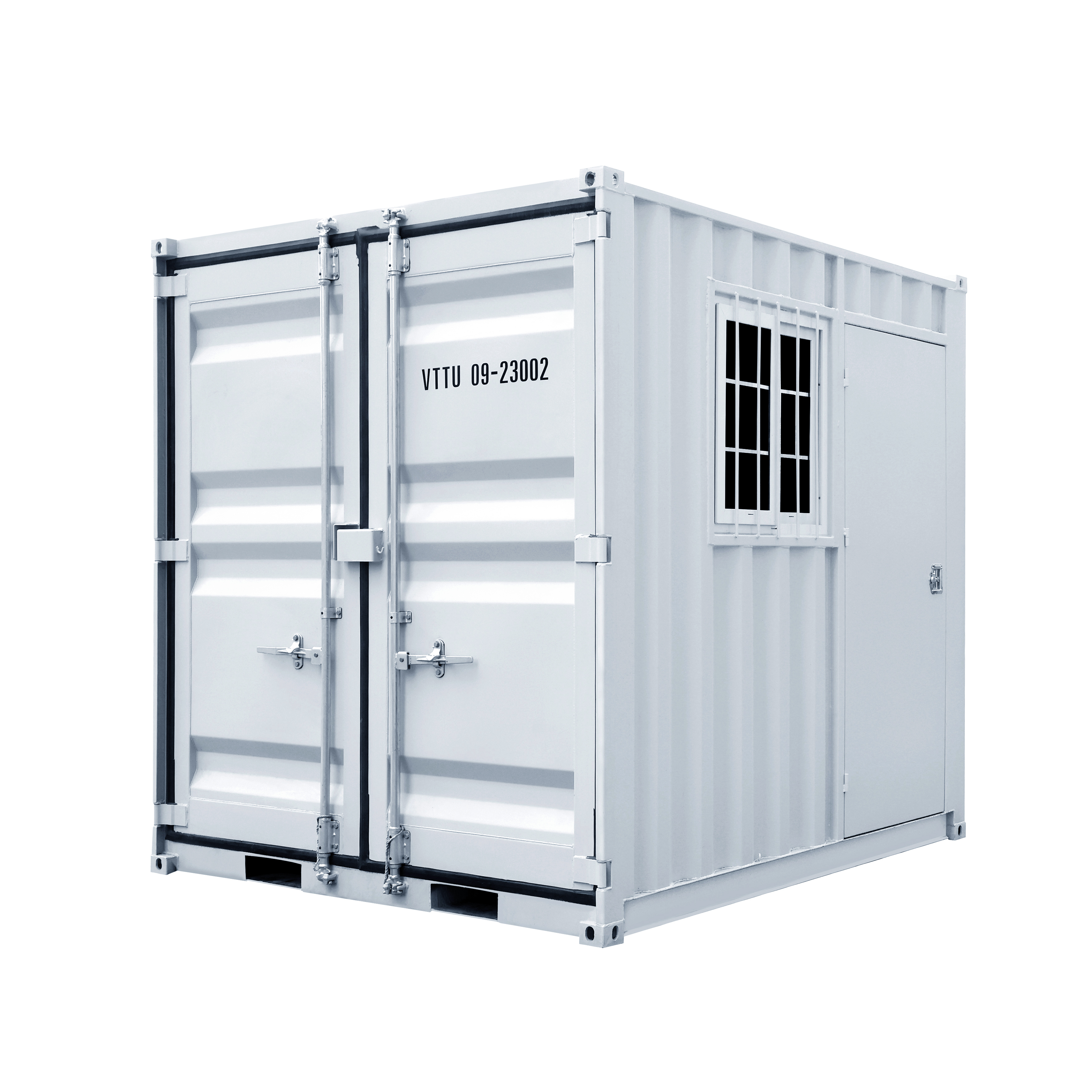 SELA Industrial 9FT Storage Container, Bi-parting Front Door, Side Entry Man Door, Security Bar Window