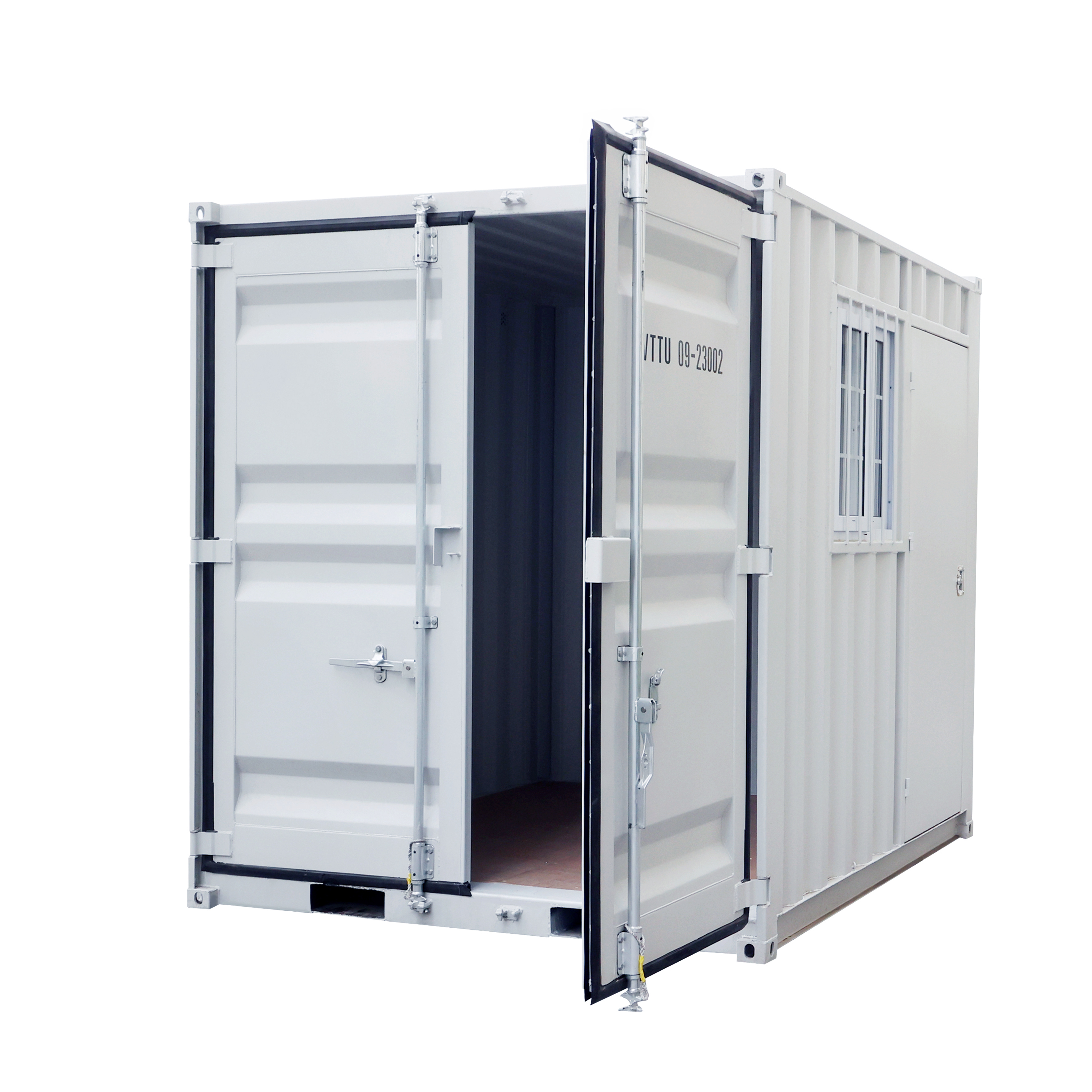 SELA Industrial 9FT Storage Container, Bi-parting Front Door, Side Entry Man Door, Security Bar Window