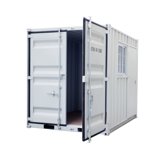 SELA Industrial 9FT Storage Container, Bi-parting Front Door, Side Entry Man Door, Security Bar Window