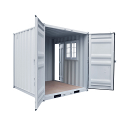 SELA Industrial 9FT Storage Container, Bi-parting Front Door, Side Entry Man Door, Security Bar Window