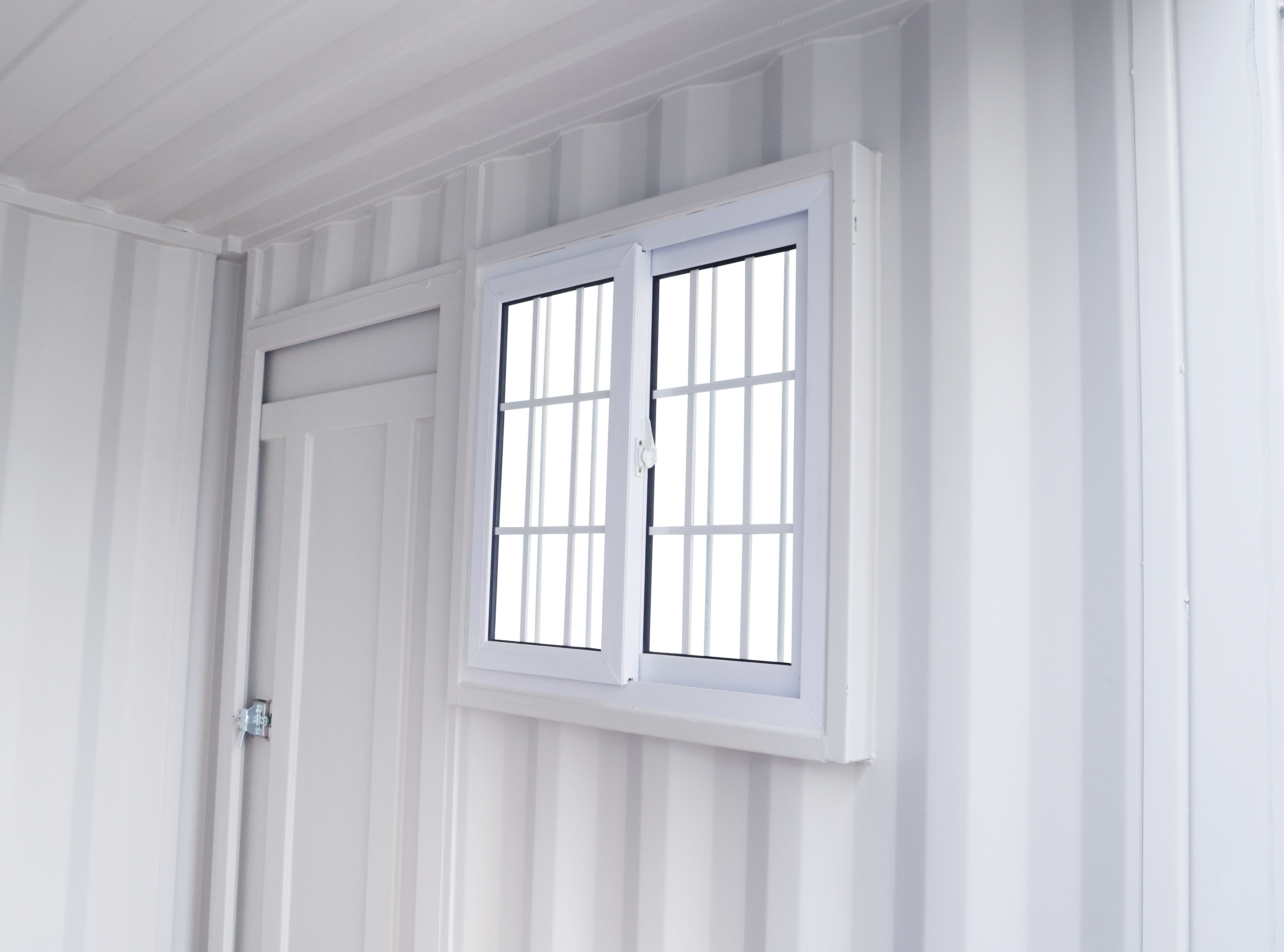 SELA Industrial 8FT Storage Container, Bi-parting Front Door, Side Entry Man Door, Security Bar Window