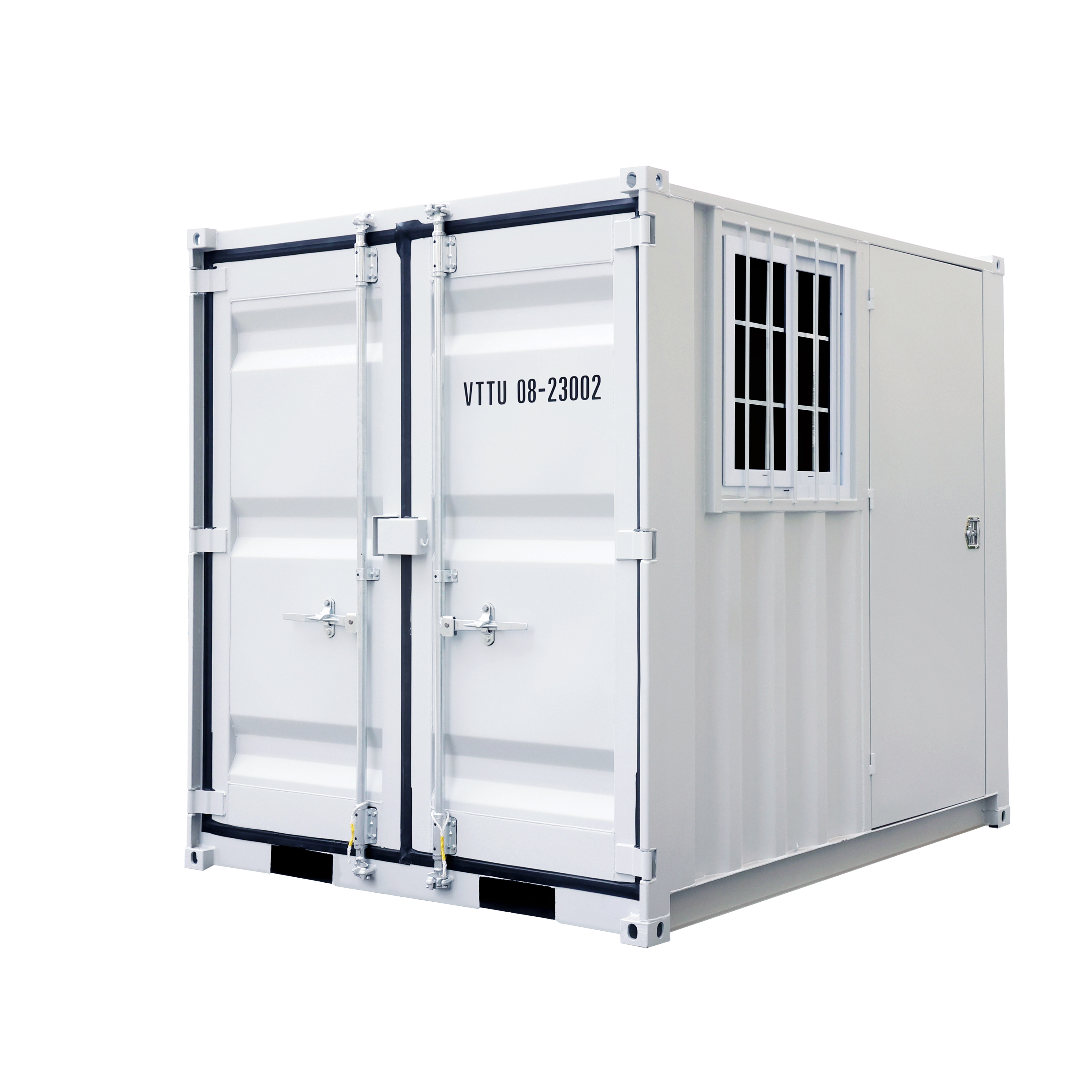 SELA Industrial 8FT Storage Container, Bi-parting Front Door, Side Entry Man Door, Security Bar Window