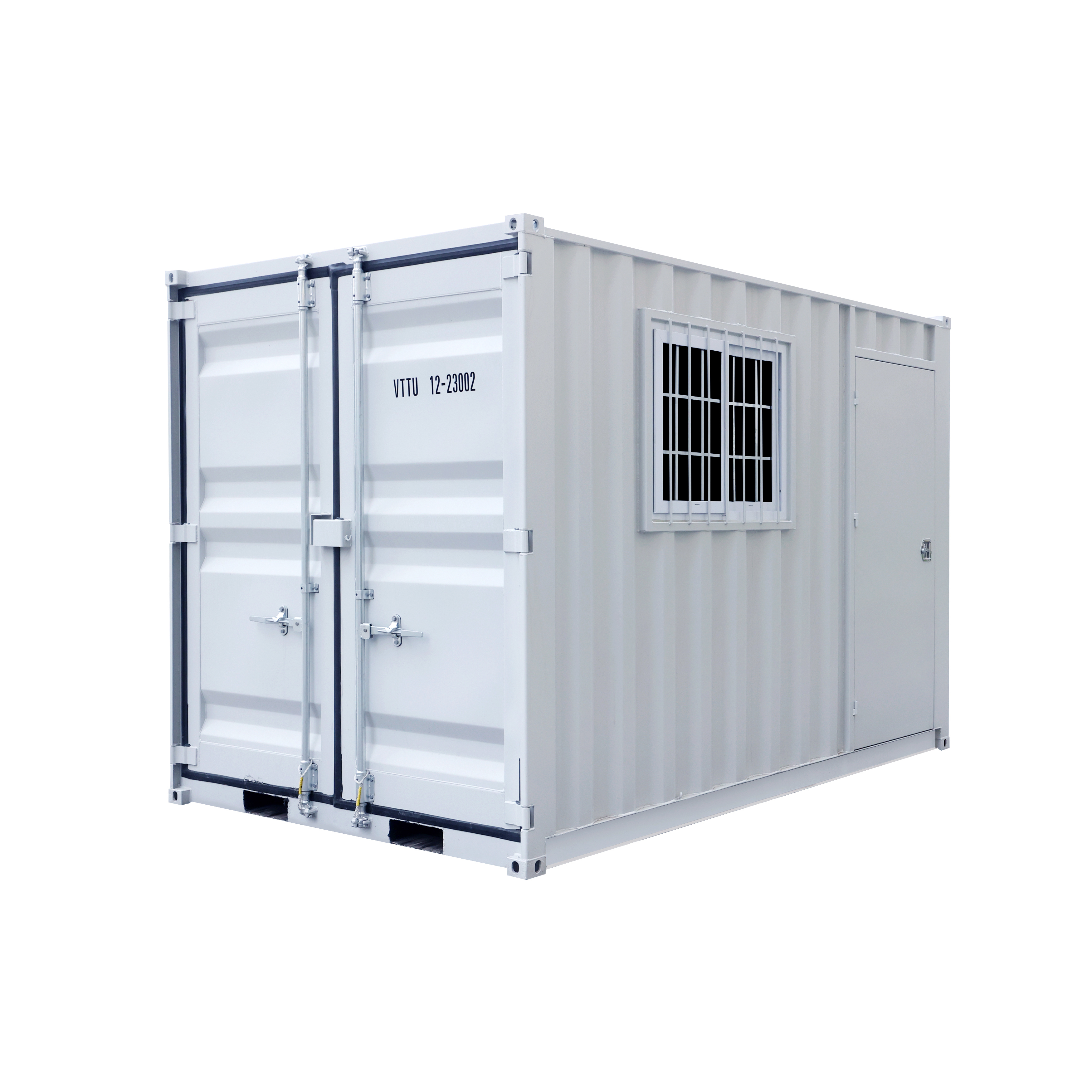 SELA Industrial 12FT Storage Container, Bi-parting Front Door, Side Entry Man Door, Security Bar Window