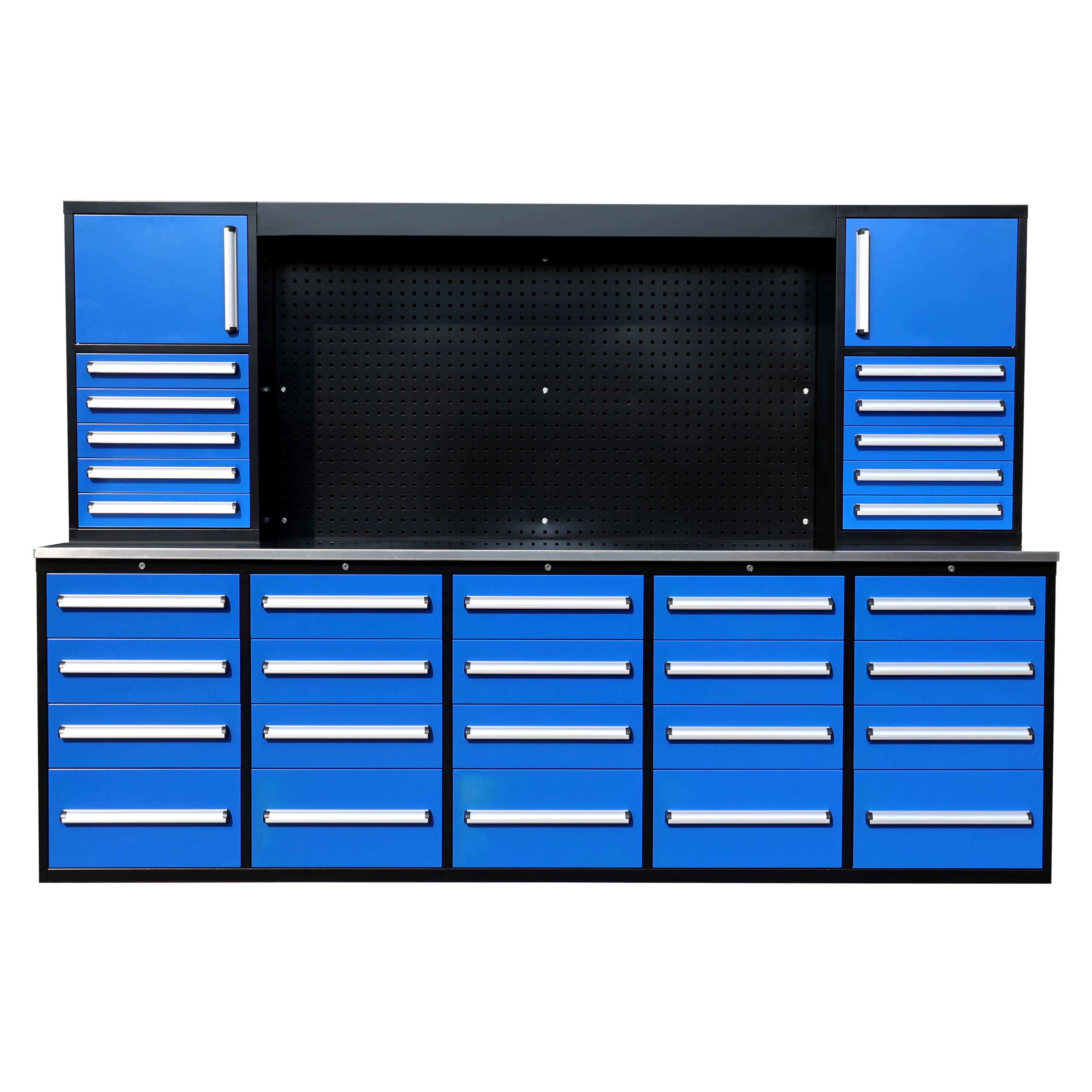 SELA Industrial 10FT-30D-2 Workbench Cabinet Combo With Pegboard, 30 Drawers & 2 Cabinets