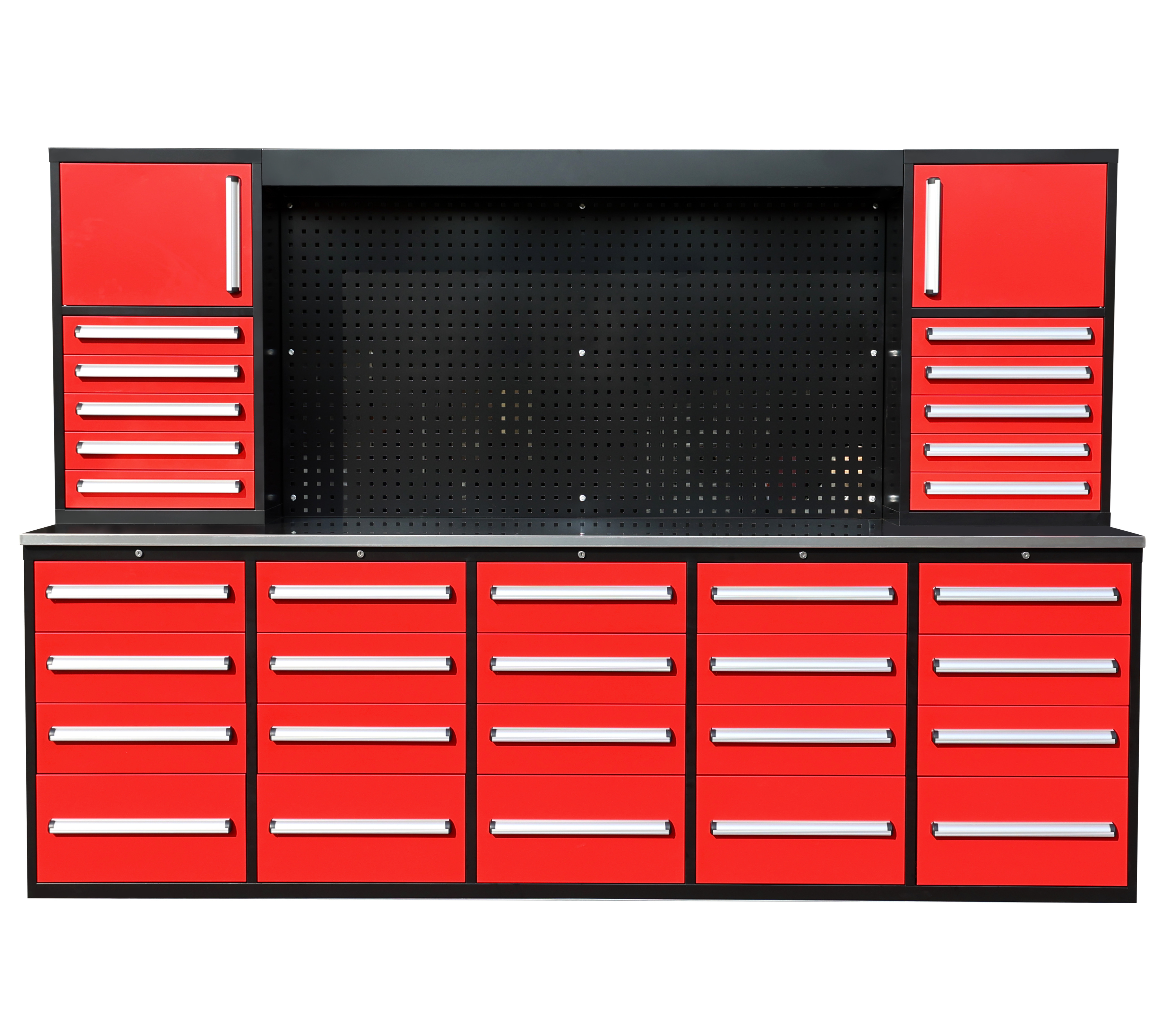 SELA Industrial 10FT-30D-2 Workbench Cabinet Combo With Pegboard, 30 Drawers & 2 Cabinets