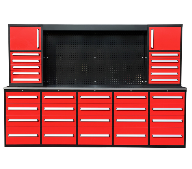SELA Industrial 10FT-30D-2 Workbench Cabinet Combo With Pegboard, 30 Drawers & 2 Cabinets