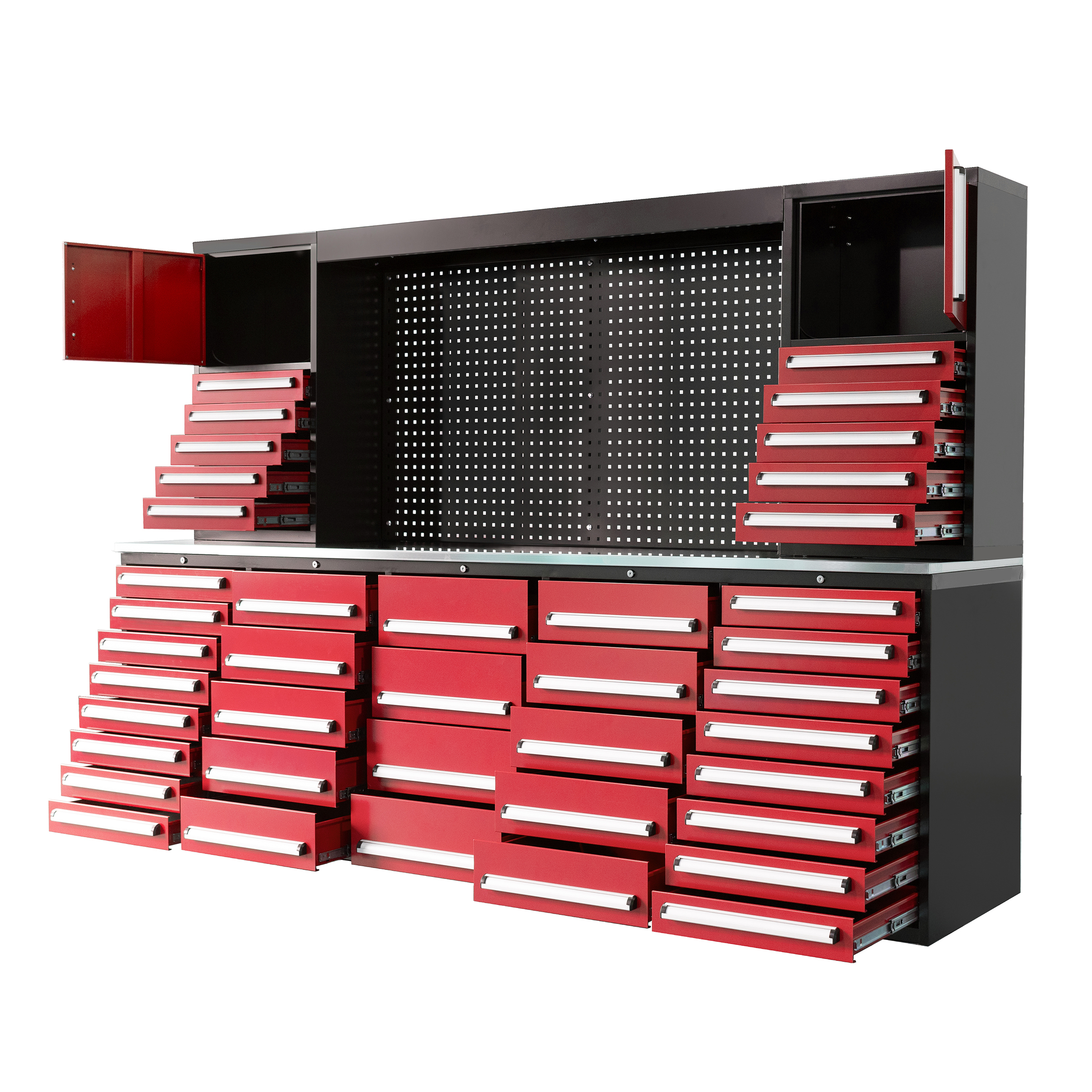 SELA Industrial 10FT-40D-3 Workbench Cabinet Combo With Pegboard, 40 Drawers & 2 Cabinets