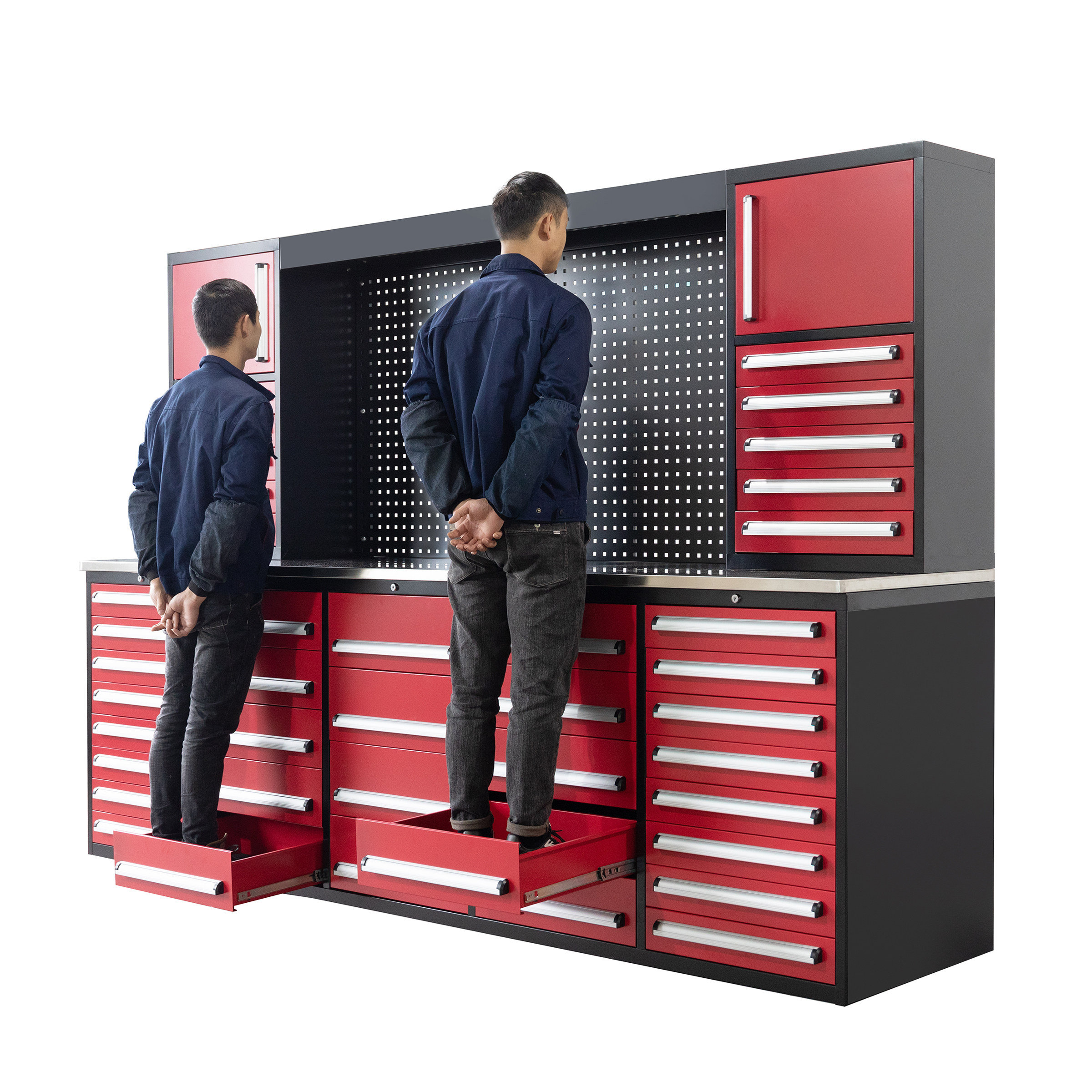 SELA Industrial 10FT-40D-3 Workbench Cabinet Combo With Pegboard, 40 Drawers & 2 Cabinets